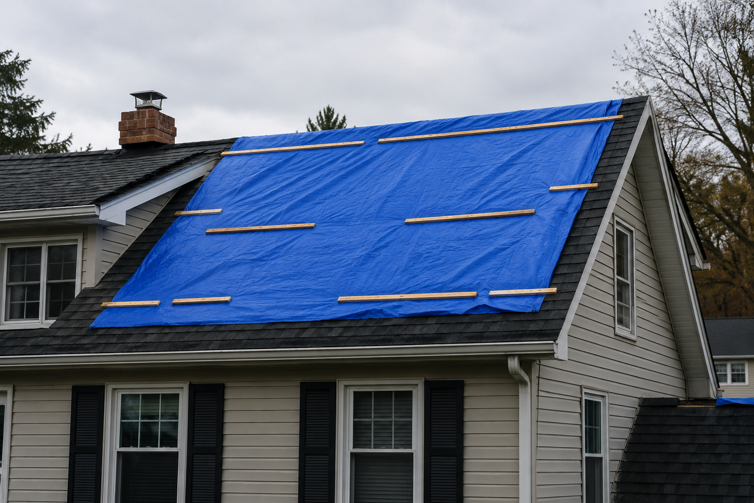 Illustration of a blue tarp protecting part of a residential roof